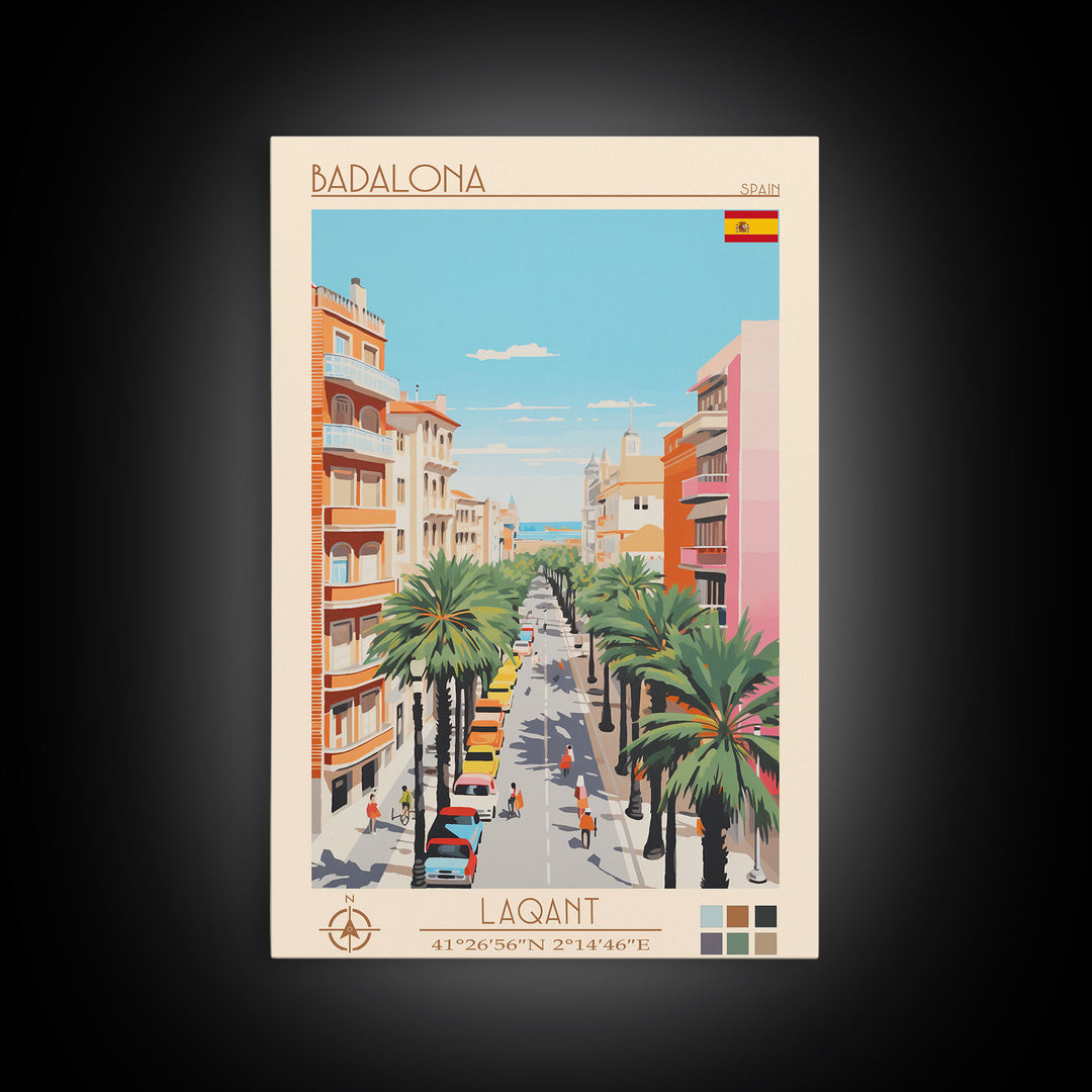 Badalona Spain Travel Poster Framed Canvas Print, Midcentury Modern Art, Pop Art Wall Decor, Home Decor, Vacation Gift, Living Room Art