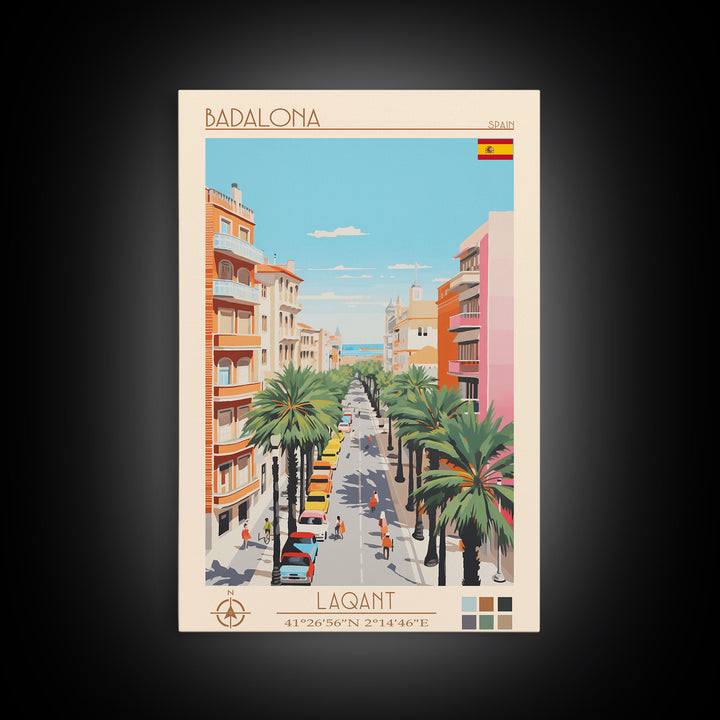 Badalona Spain Travel Poster Framed Canvas Print, Midcentury Modern Art, Pop Art Wall Decor, Home Decor, Vacation Gift, Living Room Art