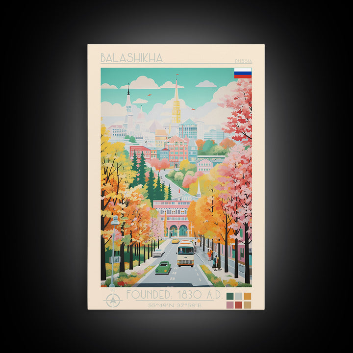 Balashikha Russia Travel Poster Framed Canvas Print, Midcentury Modern Art, Pop Art Wall Decor, Home Decor, Vacation Gift, Living Room Art