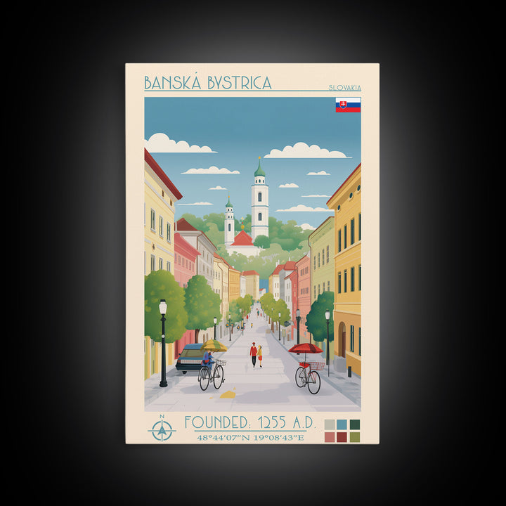 Banská Bystrica City in Slovakia Slovakia Travel Poster Framed Canvas Print, Midcentury Modern Art, Pop Art Wall Decor, Home Decor, Vacation Gift, Living Room Art