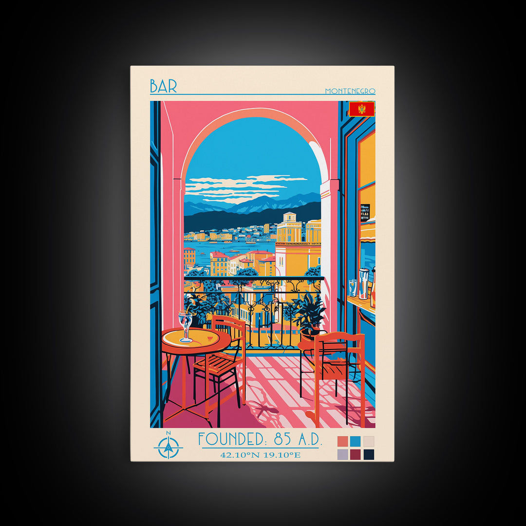 Bar Montenegro Travel Poster Framed Canvas Print, Midcentury Modern Art, Pop Art Wall Decor, Home Decor, Vacation Gift, Living Room Art