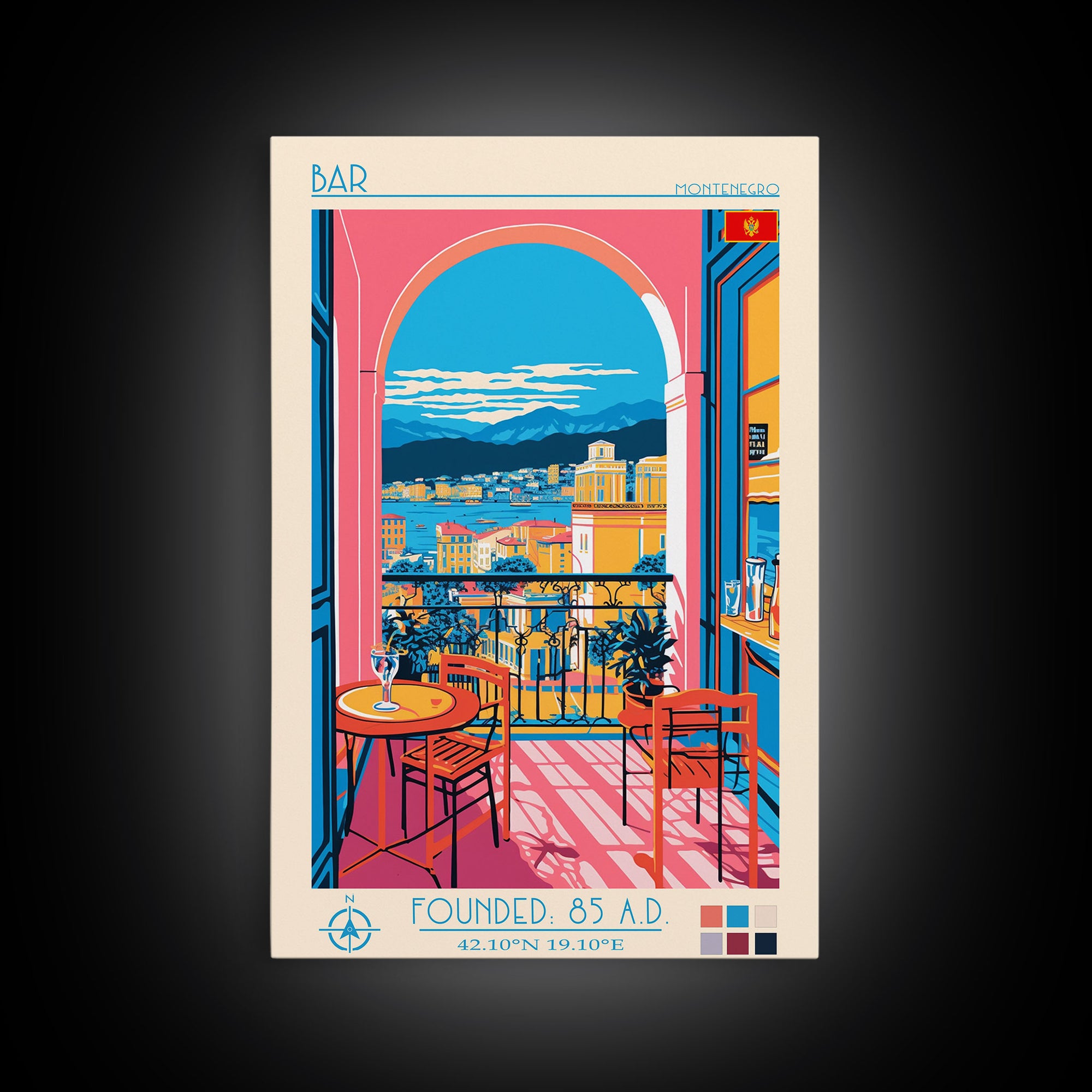Bar Montenegro Travel Poster Framed Canvas Print, Midcentury Modern Art, Pop Art Wall Decor, Home Decor, Vacation Gift, Living Room Art