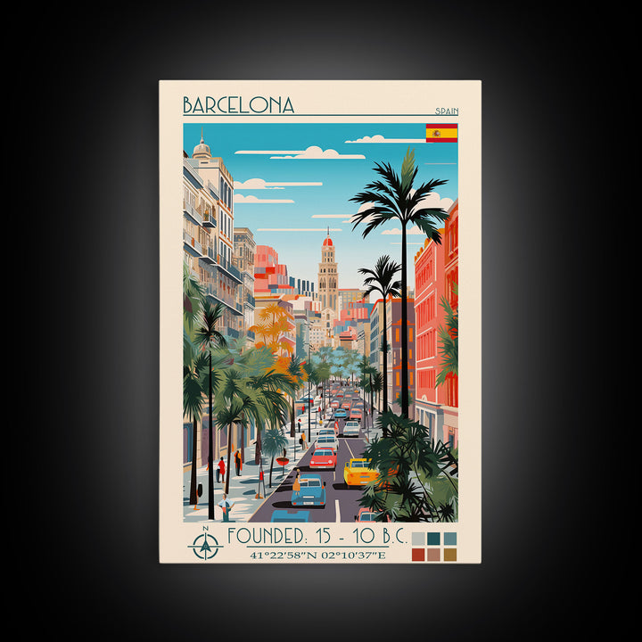 Barcelona Spain Travel Poster Framed Canvas Print, Midcentury Modern Art, Pop Art Wall Decor, Home Decor, Vacation Gift, Living Room Art