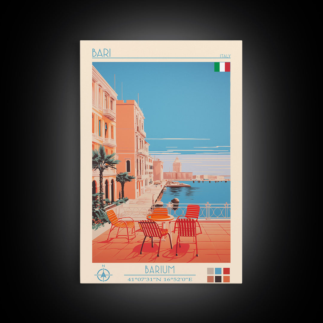 Bari Italy Travel Poster Framed Canvas Print, Midcentury Modern Art, Pop Art Wall Decor, Home Decor, Vacation Gift, Living Room Art