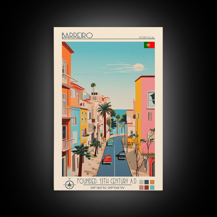 Barreiro Portugal Travel Poster Framed Canvas Print, Midcentury Modern Art, Pop Art Wall Decor, Home Decor, Vacation Gift, Living Room Art