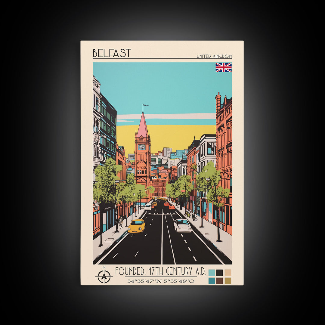 Belfast United Kingdom Travel Poster Framed Canvas Print, Midcentury Modern Art, Pop Art Wall Decor, Home Decor, Vacation Gift, Living Room Art