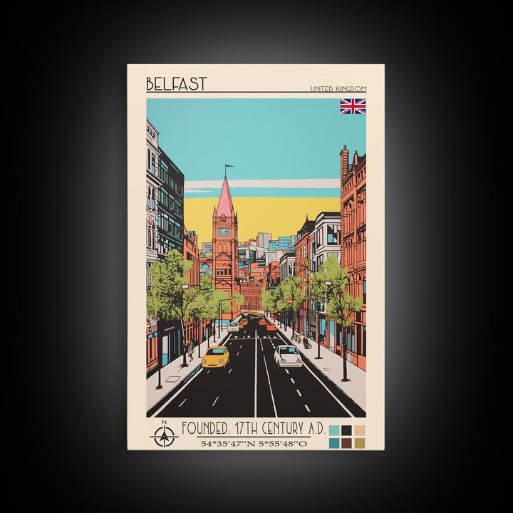 Belfast United Kingdom Travel Poster Framed Canvas Print, Midcentury Modern Art, Pop Art Wall Decor, Home Decor, Vacation Gift, Living Room Art