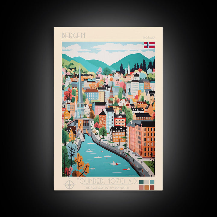 Bergen Norway Travel Poster Framed Canvas Print, Midcentury Modern Art, Pop Art Wall Decor, Home Decor, Vacation Gift, Living Room Art