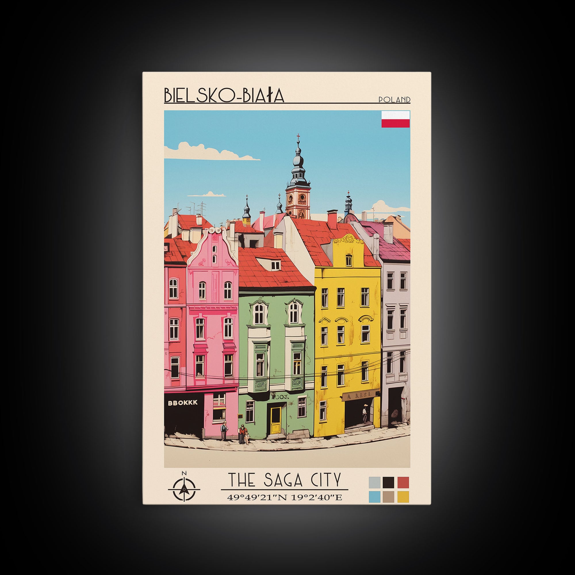 Bielsko-Biała Poland Travel Poster Framed Canvas Print, Vintage Style, Pop Art Home Decor, Scenic Wall Art, Living Room Decoration