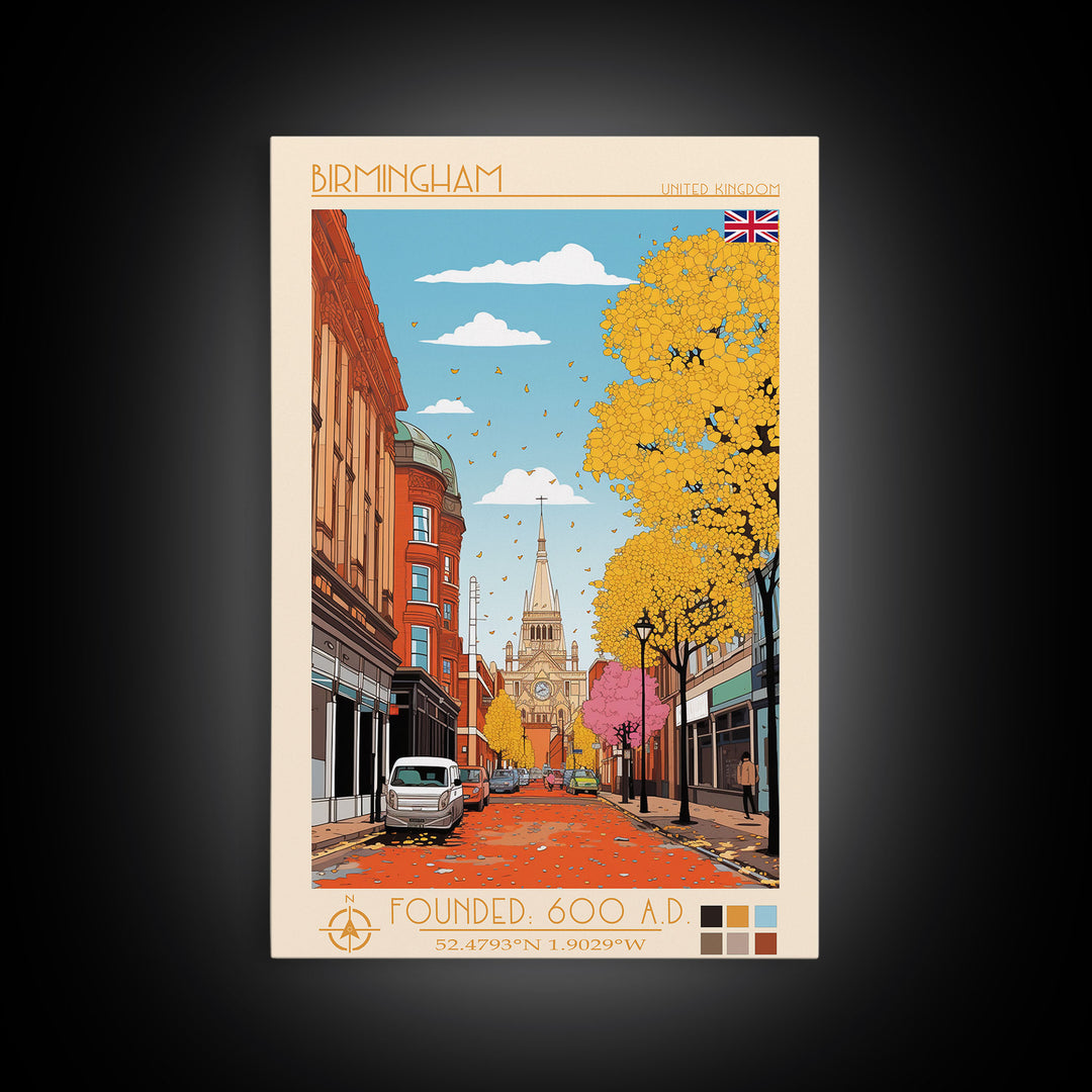 Birmingham UK Travel Poster Framed Canvas Print, Midcentury Modern Art, Pop Art Wall Decor, Home Decor, Living Room Decoration
