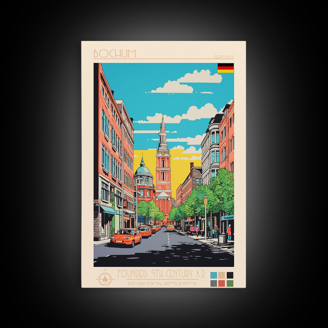 Bochum Germany Travel Poster Framed Canvas Print, Midcentury Modern Art, Pop Art Wall Decor, Home Decor, Living Room Art, Scenic View