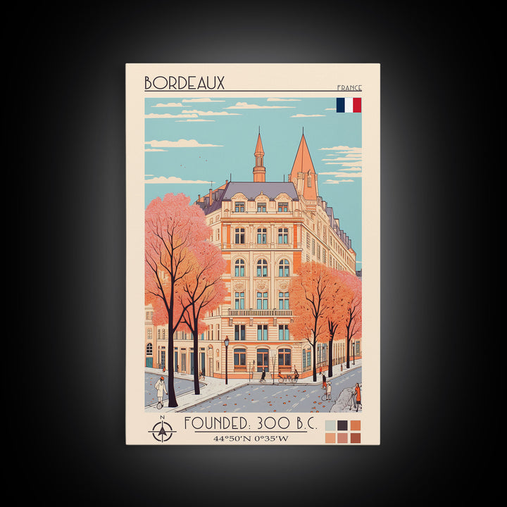 Bordeaux France Travel Poster Framed Canvas Print, Midcentury Modern Art, Pop Art Home Decor, Scenic Wall Art, Living Room Decoration