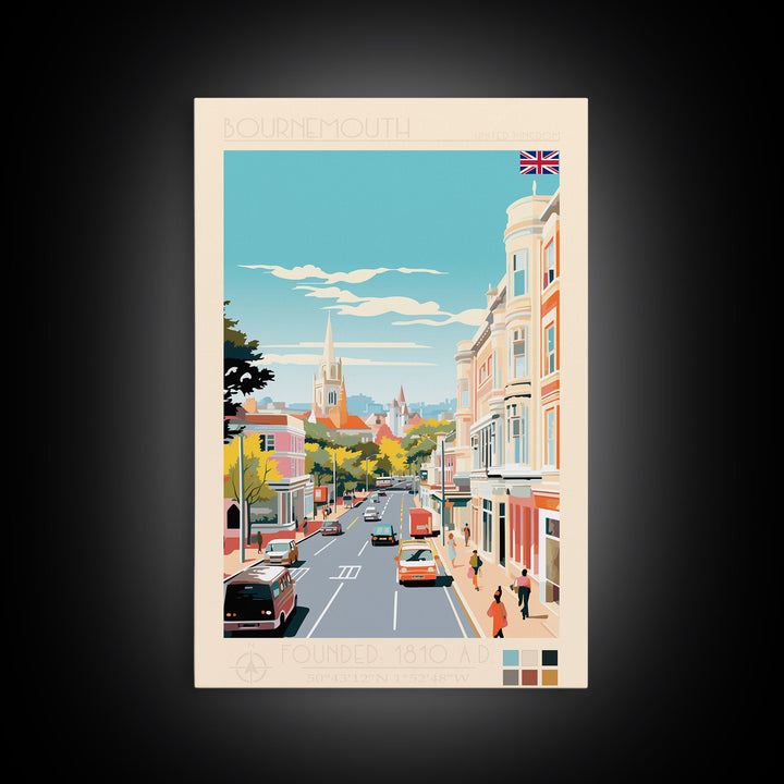 Bournemouth United Kingdom Travel Poster Framed Canvas Print, Midcentury Modern Art, Pop Art Wall Decor, Scenic Wall Art, Living Room Art