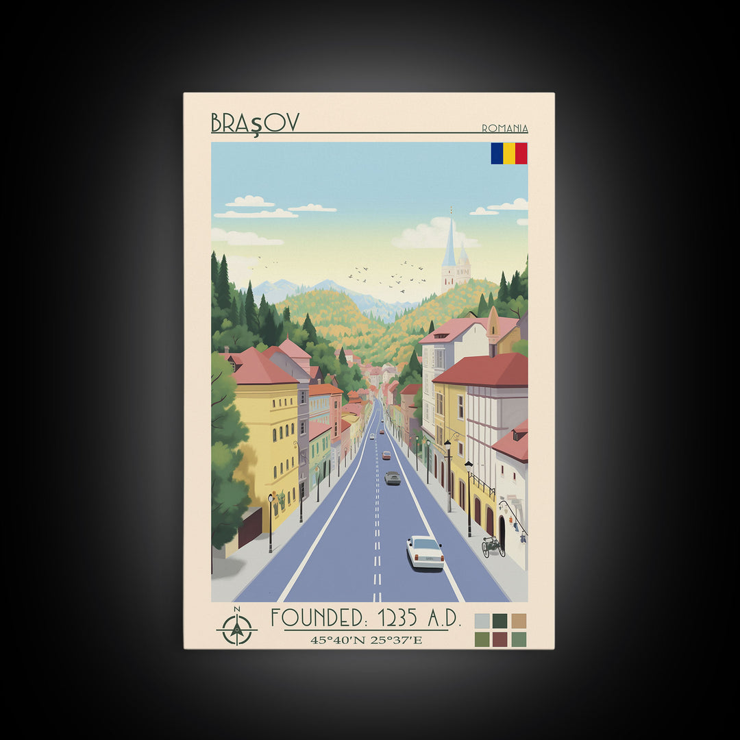 Brașov Romania Travel Poster Framed Canvas Print, Midcentury Modern Art, Pop Art Wall Decor, Home Decor, Vacation Gift, Living Room Art