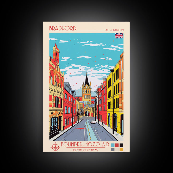 Bradford United Kingdom Travel Poster Framed Canvas Print, Midcentury Modern Art, Pop Art Wall Decor, Home Decor, Vacation Gift, Living Room Art