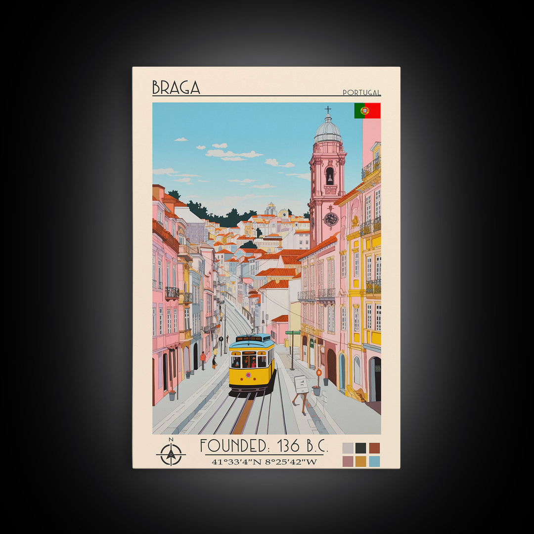 Braga Portugal Travel Poster Framed Canvas Print, Vintage Style, Pop Art Home Decor, Scenic Wall Art, Living Room Decoration, Artistic Gift