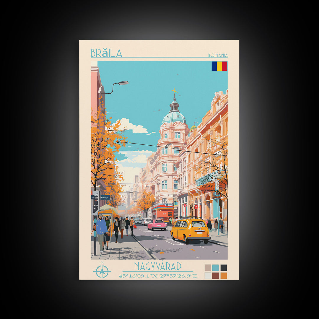 Brăila Romania Travel Poster Framed Canvas Print, Midcentury Modern Art, Pop Art Wall Decor, Home Decor, Vacation Gift, Living Room Art