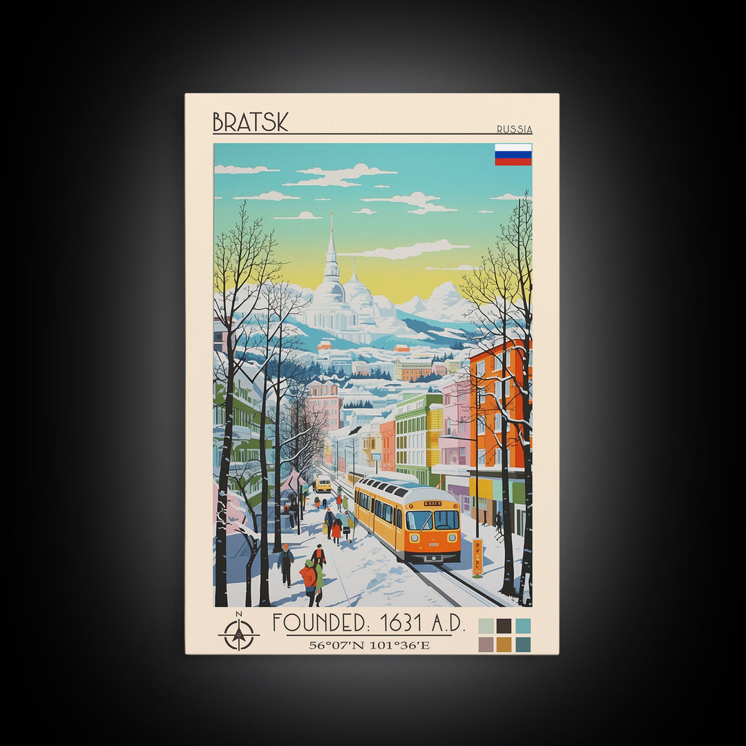 Bratsk Russia Travel Poster Framed Canvas Print, Midcentury Modern Art, Pop Art Wall Decor, Home Decor, Vacation Gift, Living Room Art
