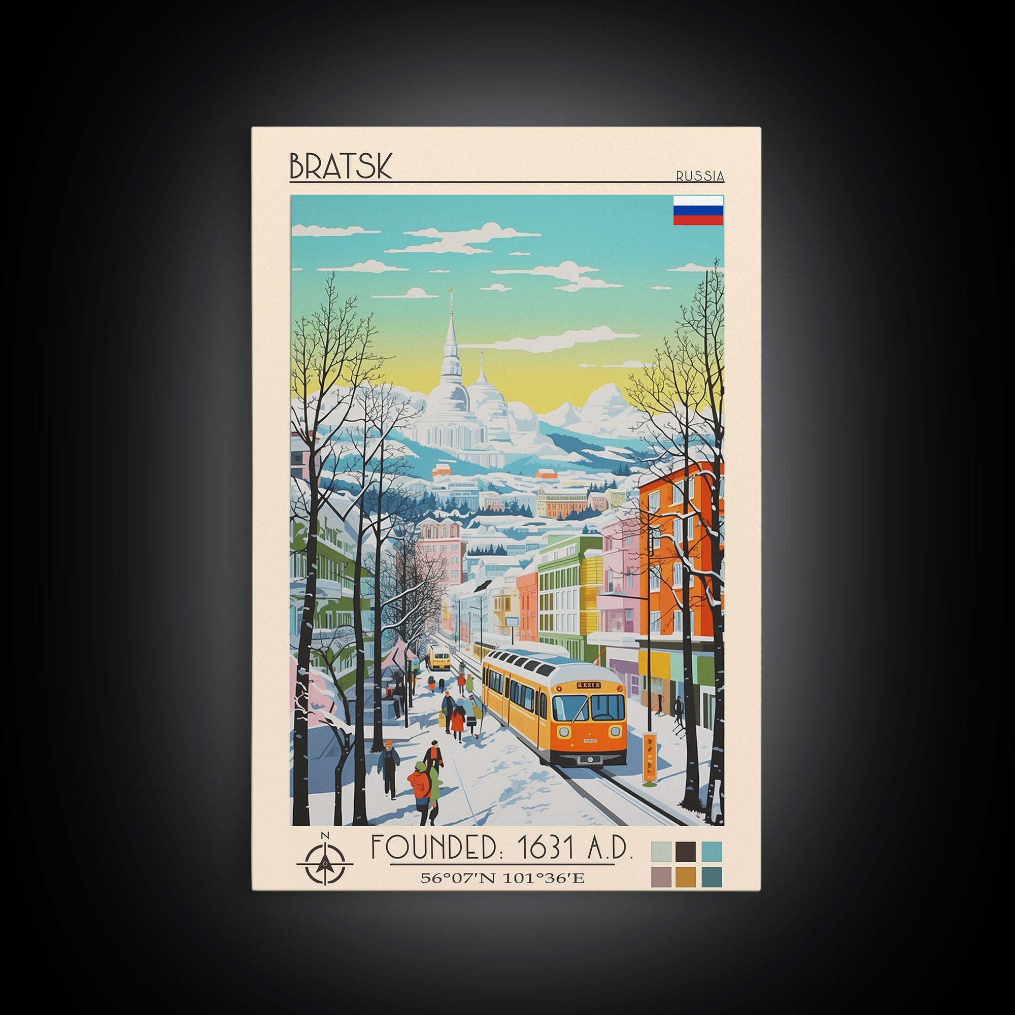 Bratsk Russia Travel Poster Framed Canvas Print, Midcentury Modern Art, Pop Art Wall Decor, Home Decor, Vacation Gift, Living Room Art
