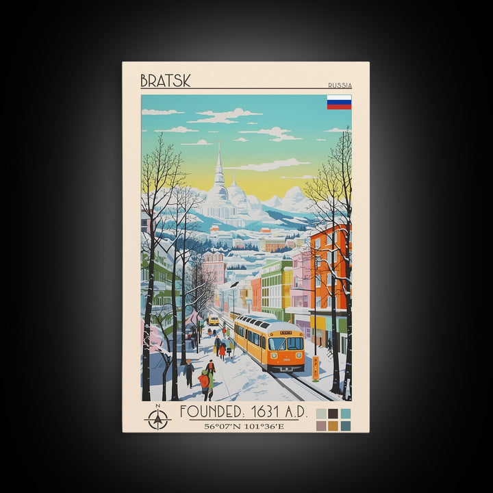 Bratsk Russia Travel Poster Framed Canvas Print, Midcentury Modern Art, Pop Art Wall Decor, Home Decor, Vacation Gift, Living Room Art