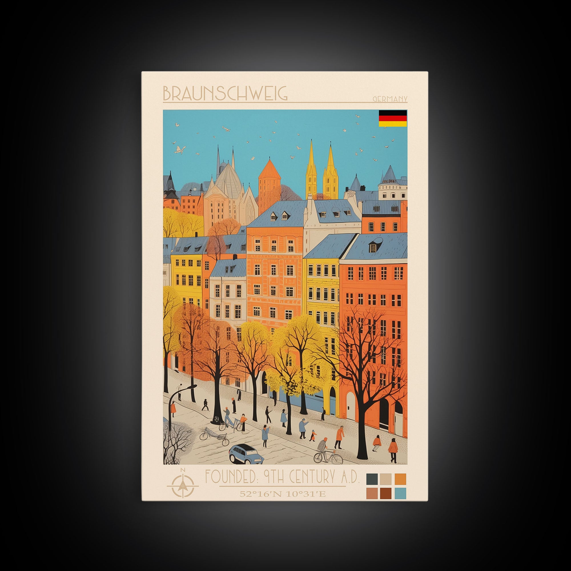 Braunschweig Germany Travel Poster Framed Canvas Print, Midcentury Modern Art, Pop Art Wall Decor, Scenic Wall Art, Home Decor, Living Room Art