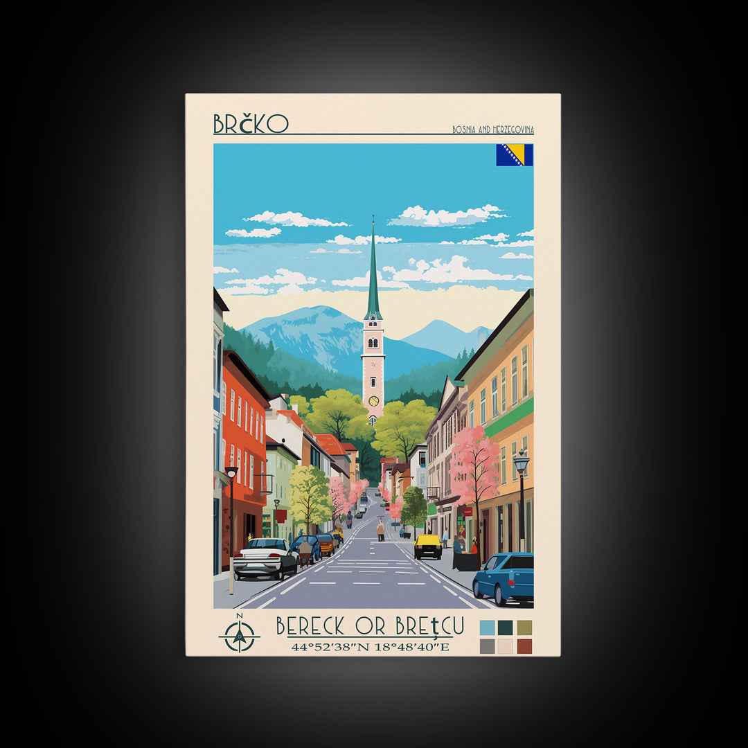 Brčko Bosnia and Herzegovina Travel Poster Framed Canvas Print, Midcentury Modern Art, Pop Art Wall Decor, Home Decor, Living Room Art