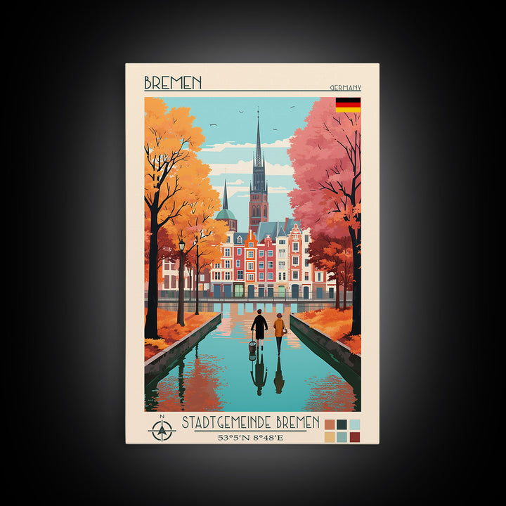 Bremen Germany Travel Poster Framed Canvas Print, Midcentury Modern Art, Pop Art Wall Decor, Home Decor, Vacation Gift, Living Room Art