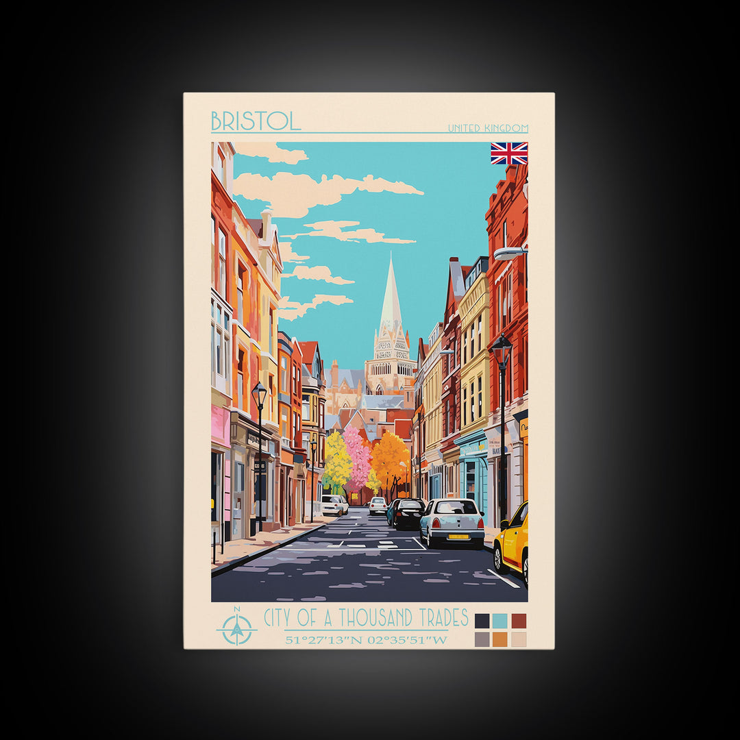 Bristol United Kingdom Travel Poster Framed Canvas Print, Midcentury Modern Art, Pop Art Wall Decor, Scenic Wall Art, Living Room Art