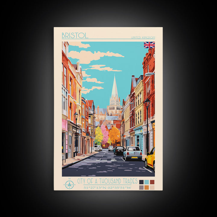 Bristol United Kingdom Travel Poster Framed Canvas Print, Midcentury Modern Art, Pop Art Wall Decor, Scenic Wall Art, Living Room Art