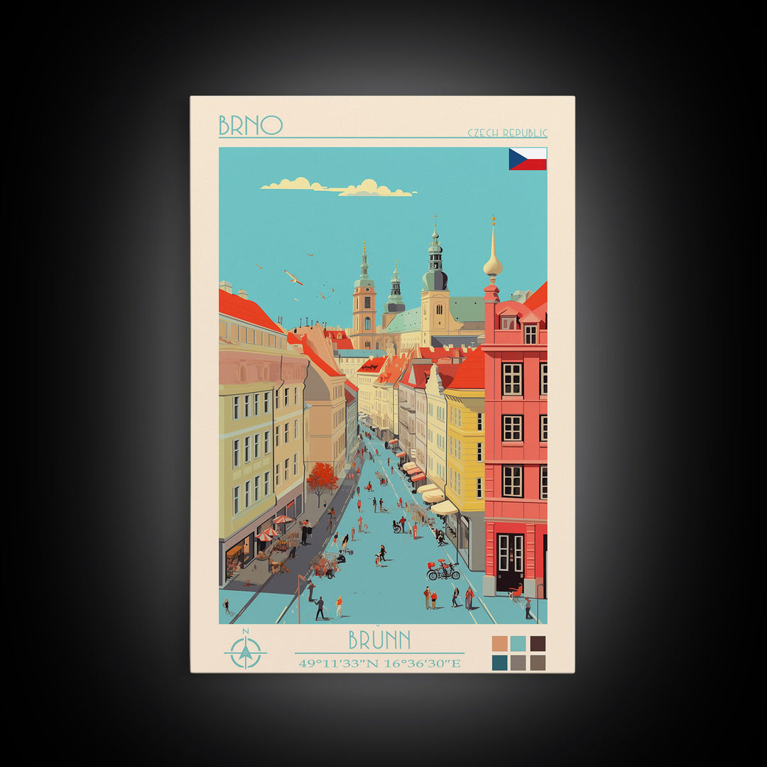 Brno Czech Republic Travel Poster Framed Canvas Print, Midcentury Modern Art, Pop Art Wall Decor, Home Decor, Vacation Gift, Living Room Art