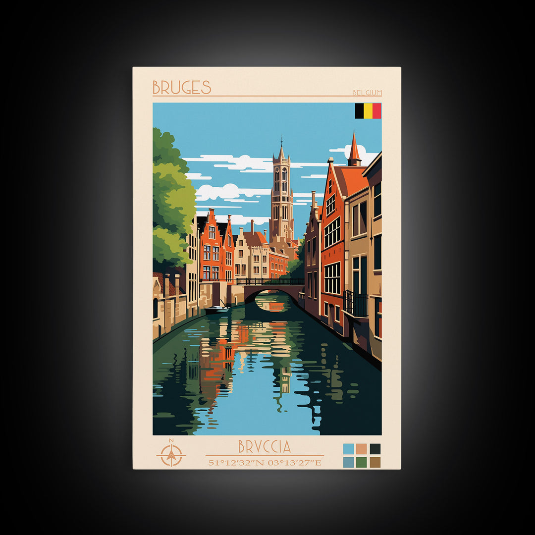 Bruges Belgium Travel Poster Framed Canvas Print, Vintage Style, Pop Art Home Decor, Scenic Wall Art, Living Room Decoration, Artistic Gift
