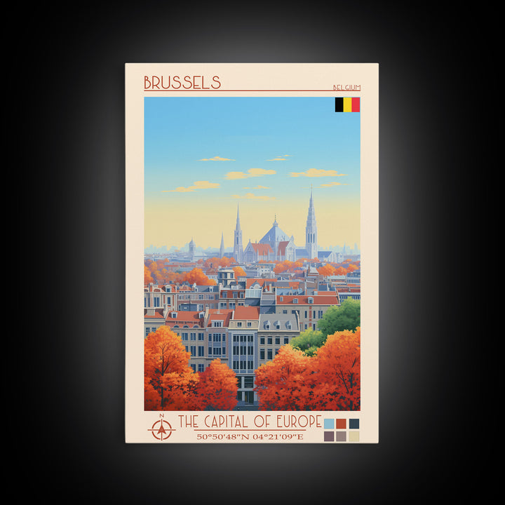 Brussels Belgium Travel Poster Framed Canvas Print, Midcentury Modern Art, Pop Art Wall Decor, Home Decor, Vacation Gift, Living Room Art