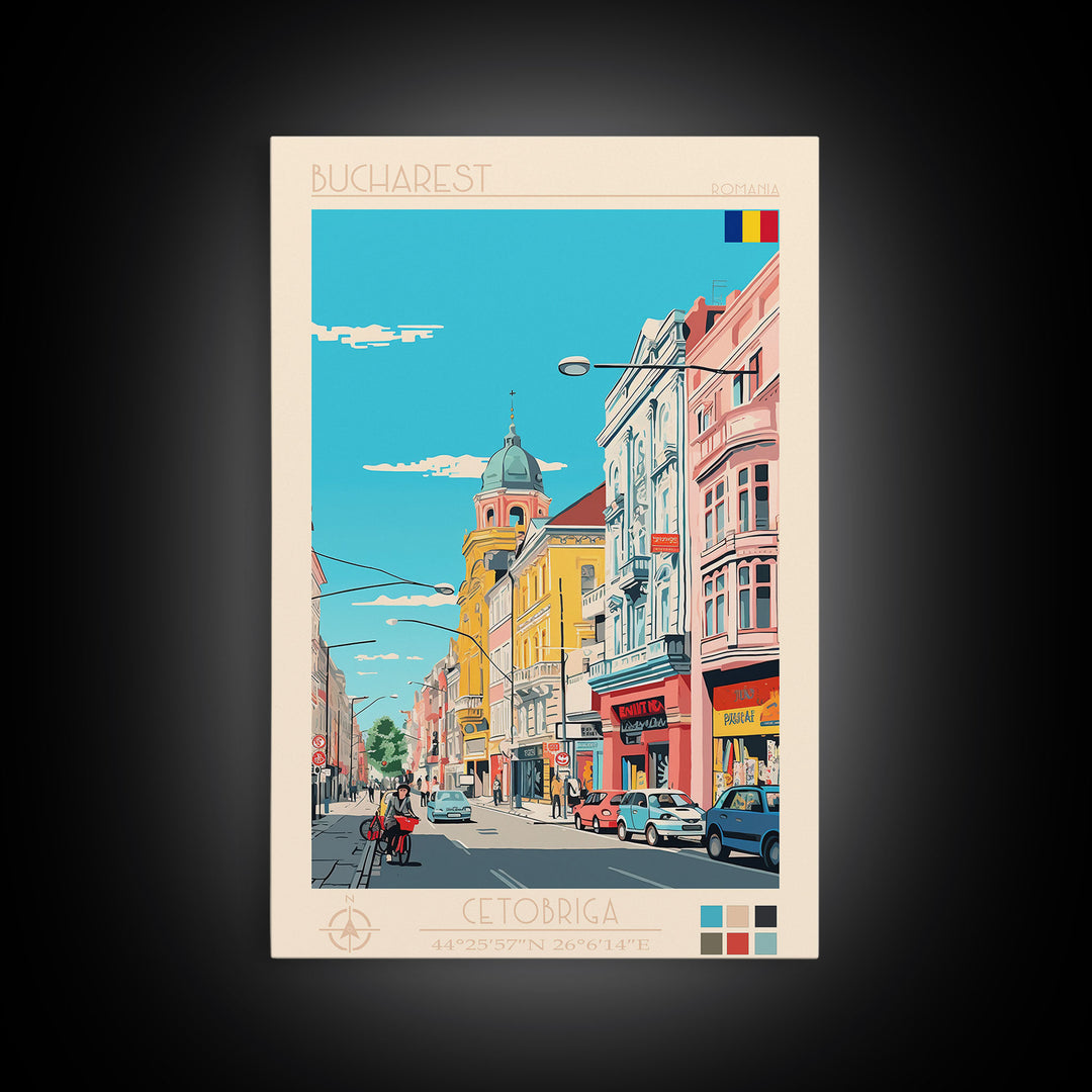Bucharest Romania Travel Poster Framed Canvas Print, Midcentury Modern Art, Pop Art Wall Decor, Home Decor, Vacation Gift, Living Room Art