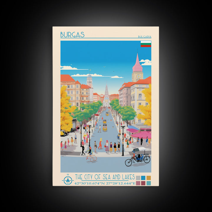 Burgas Bulgaria Travel Poster Framed Canvas Print, Midcentury Modern Art, Pop Art Wall Decor, Home Decor, Vacation Gift, Living Room Art
