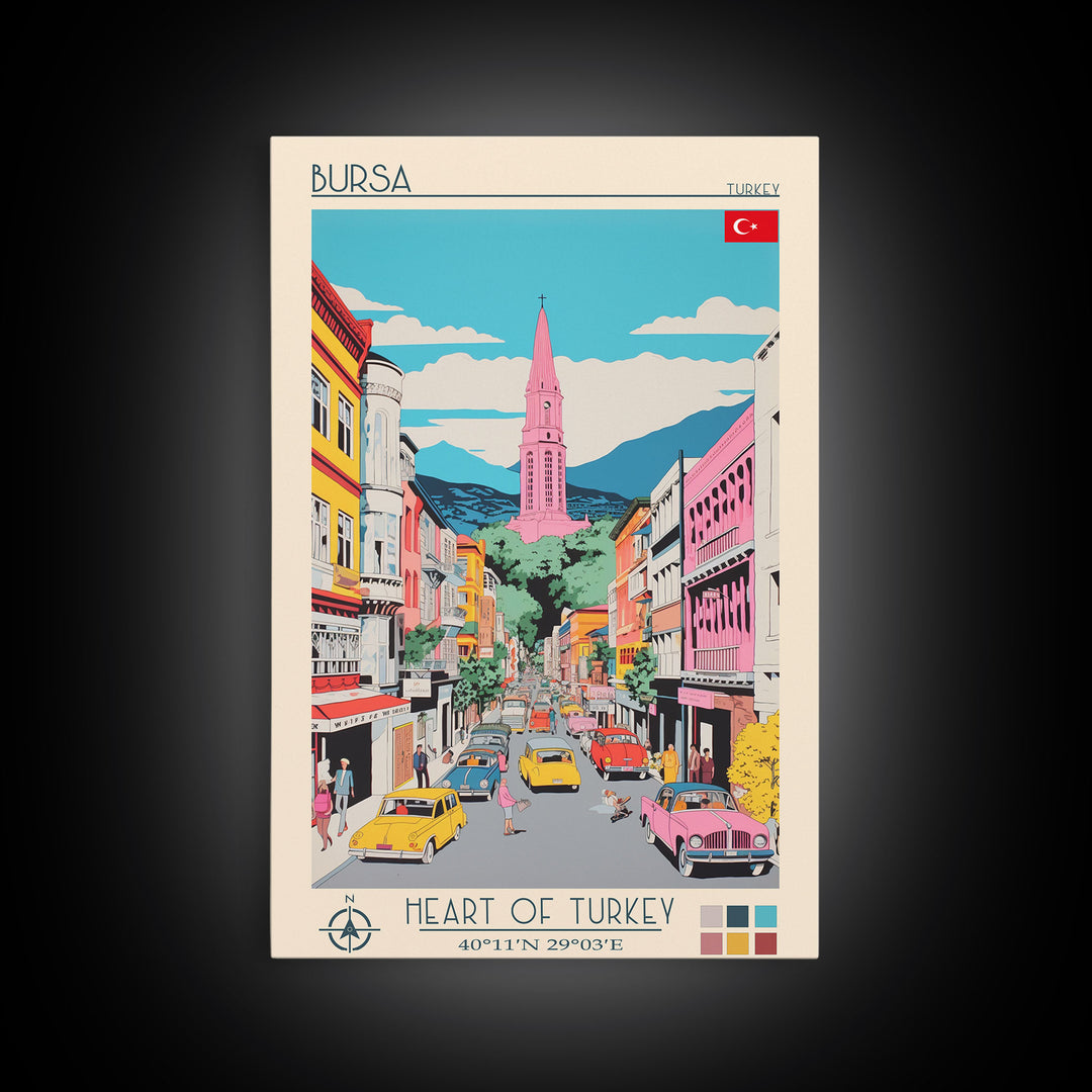 Bursa Turkey Travel Poster Framed Canvas Print, Midcentury Modern Art, Pop Art Wall Decor, Scenic Wall Art, Living Room Art