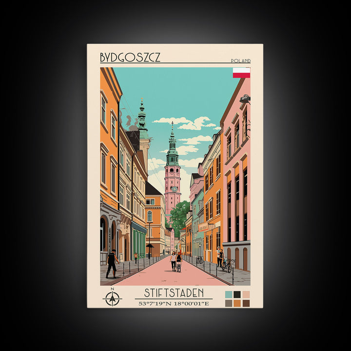 Bydgoszcz Poland Travel Poster Framed Canvas Print, Midcentury Modern Art, Pop Art Wall Decor, Home Decor, Vacation Gift, Living Room Art