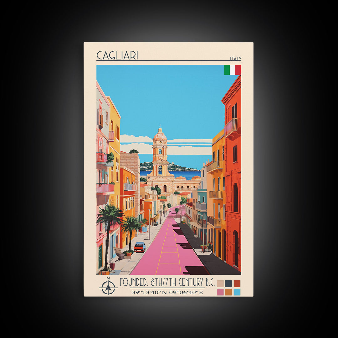Cagliari Italy Travel Poster Framed Canvas Print, Midcentury Modern Art, Pop Art Wall Decor, Home Decor, Vacation Gift, Living Room Art