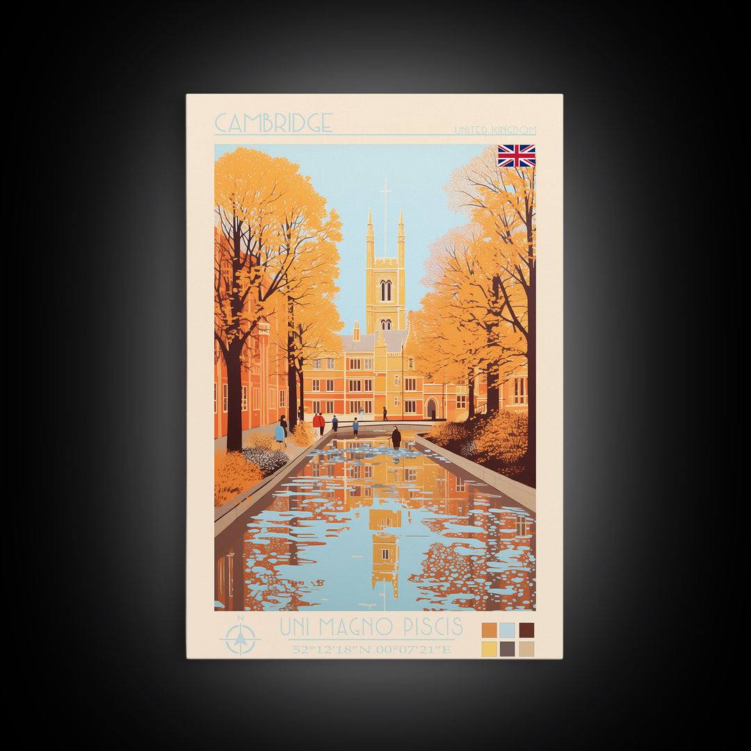 Cambridge United Kingdom Travel Poster Framed Canvas Print, Midcentury Modern Art, Pop Art Wall Decor, Home Decor, Vacation Gift, Living Room Art