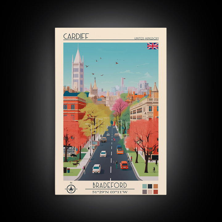 Cardiff United Kingdom Travel Poster Framed Canvas Print, Midcentury Modern Art, Pop Art Wall Decor, Home Decor, Vacation Gift, Living Room Art