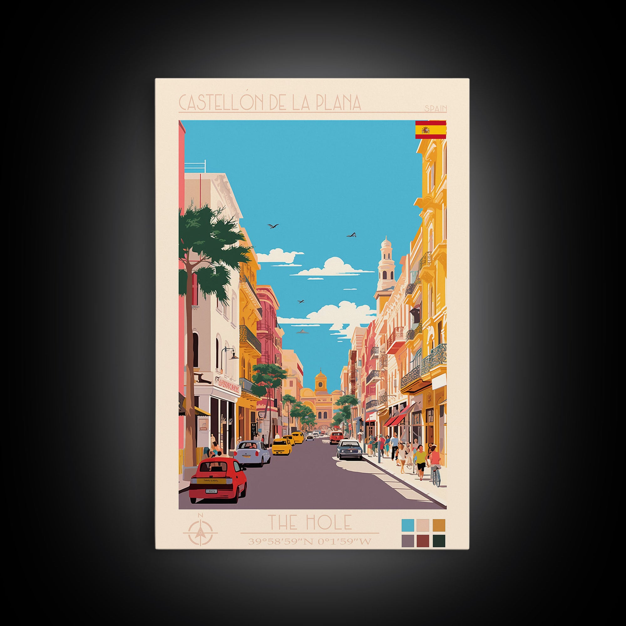 Castellón de la Plana Spain Travel Poster Framed Canvas Print, Midcentury Modern Art, Pop Art Wall Decor, Home Decor, Vacation Gift, Living Room Art