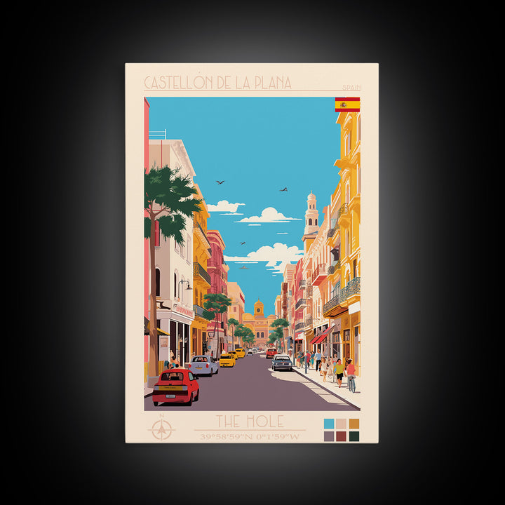 Castellón de la Plana Spain Travel Poster Framed Canvas Print, Midcentury Modern Art, Pop Art Wall Decor, Home Decor, Vacation Gift, Living Room Art