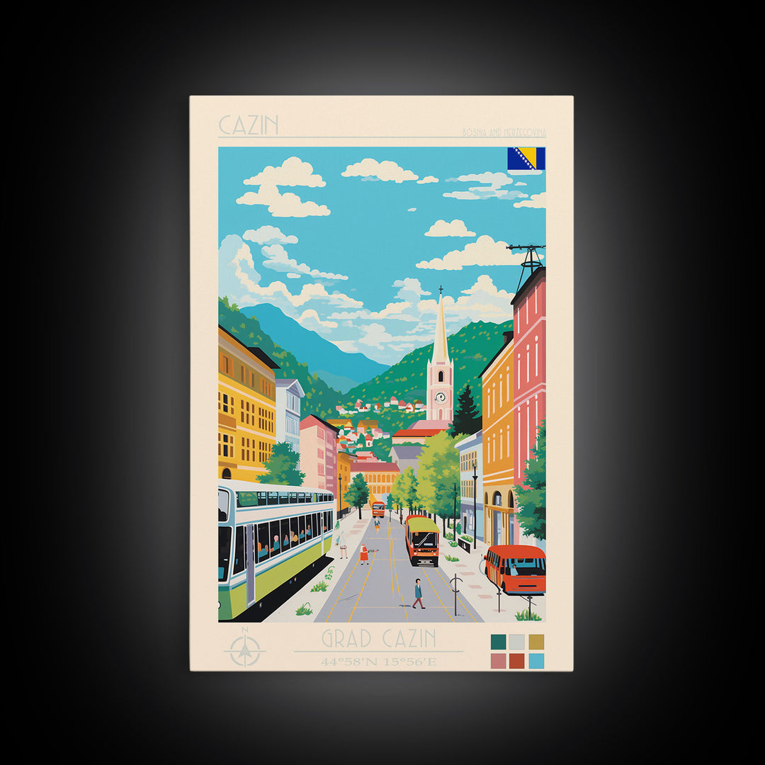 Cazin Bosnia and Herzegovina Travel Poster Framed Canvas Print, Midcentury Modern Art, Pop Art Wall Decor, Home Decor, Living Room Art