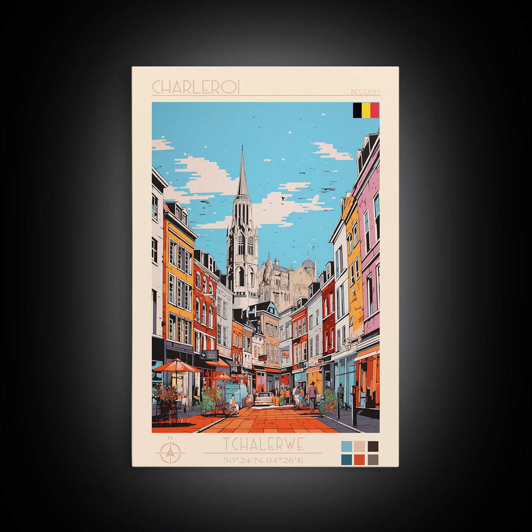 Charleroi Belgium Travel Poster Framed Canvas Print, Midcentury Modern Art, Pop Art Wall Decor, Home Decor, Vacation Gift, Living Room Art
