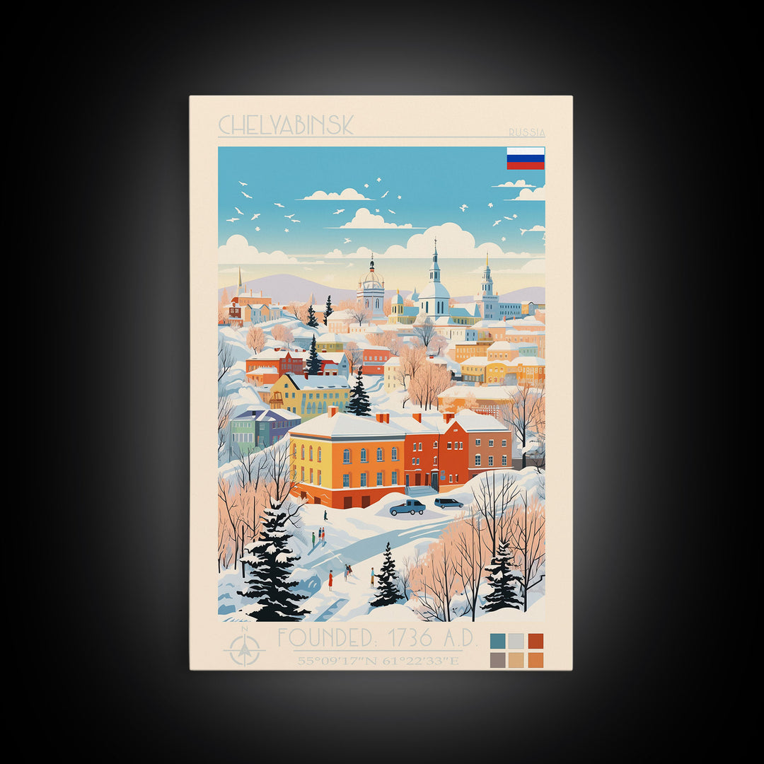 Chelyabinsk Russia Travel Poster Framed Canvas Print, Midcentury Modern Art, Pop Art Wall Decor, Home Decor, Vacation Gift, Living Room Art