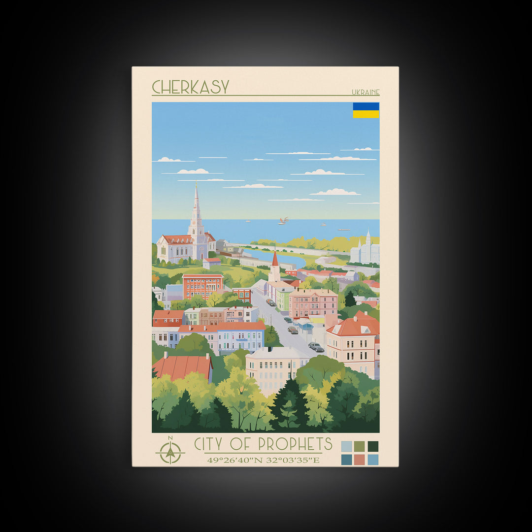 Cherkasy Ukraine Travel Poster Framed Canvas Print, Midcentury Modern Art, Pop Art Wall Decor, Home Decor, Vacation Gift, Living Room Art