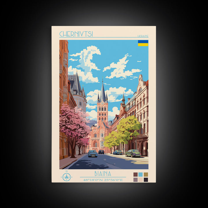Chernivtsi Ukraine Travel Poster Framed Canvas Print, Midcentury Modern Art, Pop Art Wall Decor, Home Decor, Vacation Gift, Living Room Art