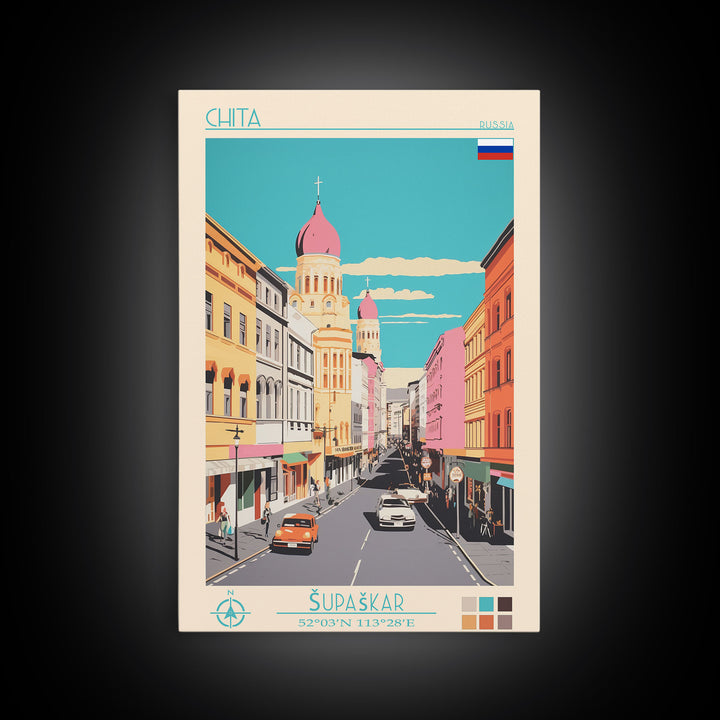 Chita Russia Travel Poster Framed Canvas Print, Midcentury Modern Art, Pop Art Wall Decor, Home Decor, Vacation Gift, Living Room Art