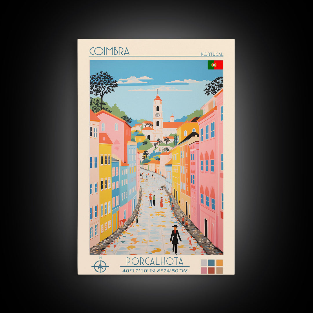 Coimbra Portugal Travel Poster Framed Canvas Print, Midcentury Modern Art, Pop Art Wall Decor, Home Decor, Vacation Gift, Living Room Art