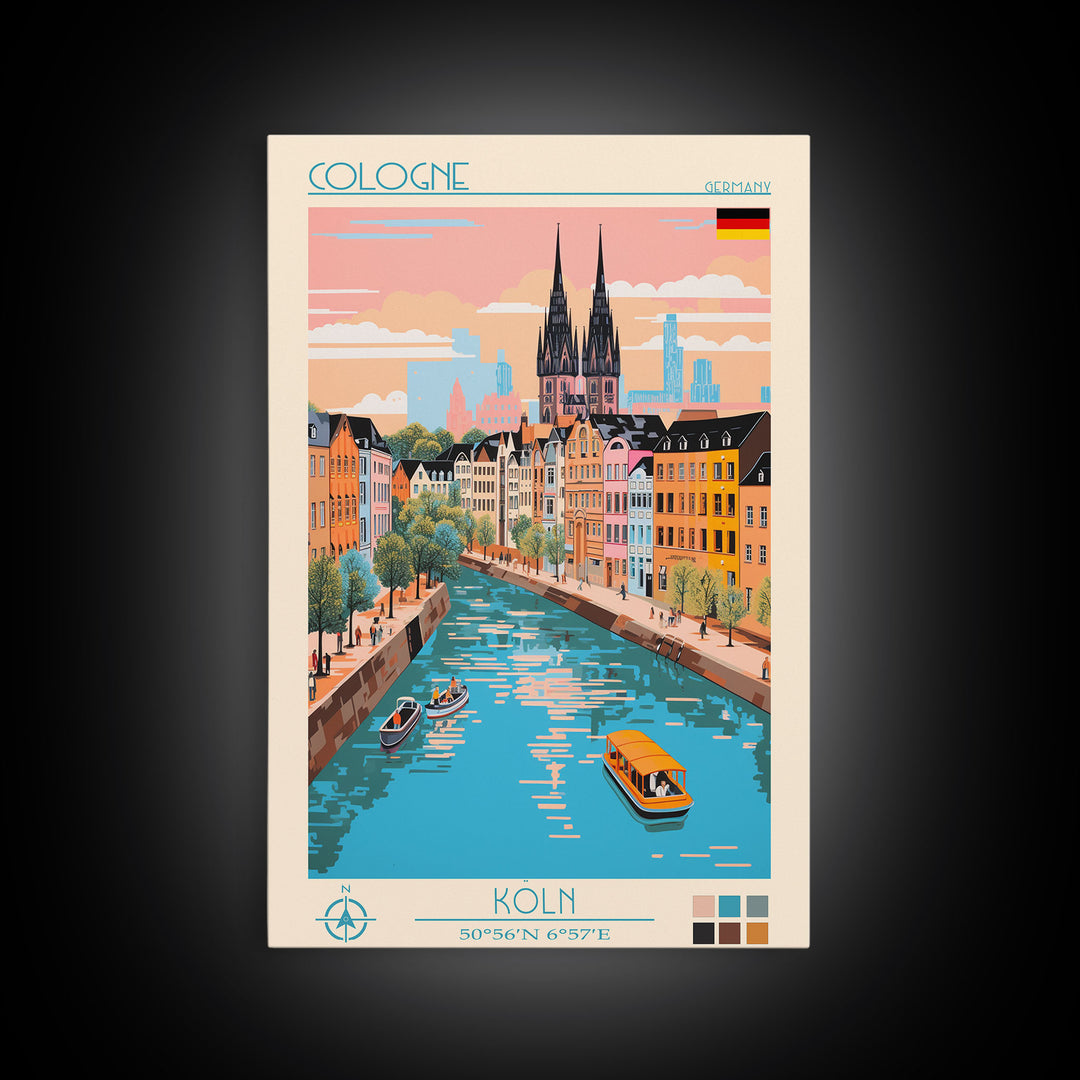 Cologne Germany Travel Poster Framed Canvas Print, Midcentury Modern Art, Pop Art Wall Decor, Scenic Wall Art, Living Room Art