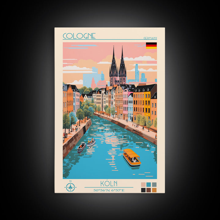 Cologne Germany Travel Poster Framed Canvas Print, Midcentury Modern Art, Pop Art Wall Decor, Scenic Wall Art, Living Room Art